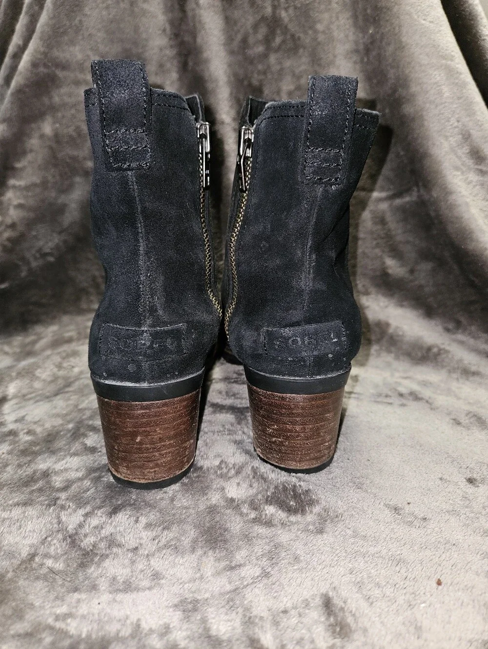 Sorel Cate Black Waterproof Leather Suede Zip-Up Ankle Booties Block Heel 7.5